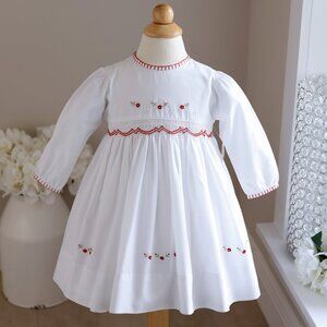 Long Sleeve White Smocked Dress Red Floral Embroidery 18 Months LIKE NEW